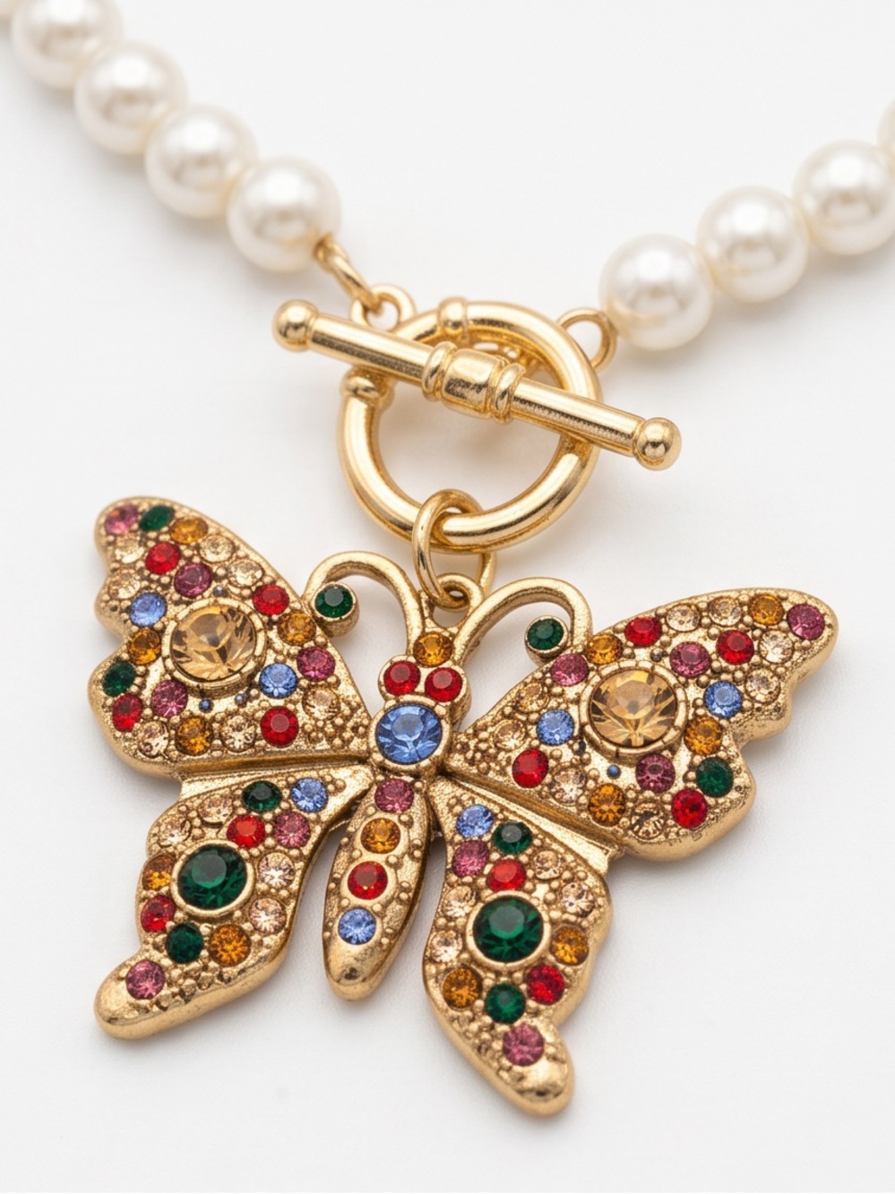 Gold Multicolor Crystal Butterfly Pearl Necklace - Unbranded 19. 5 inch